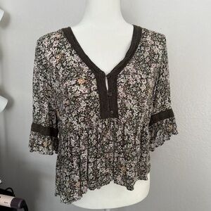 Lucky Brand Floral Button-Front Blouse - Brown and Cream